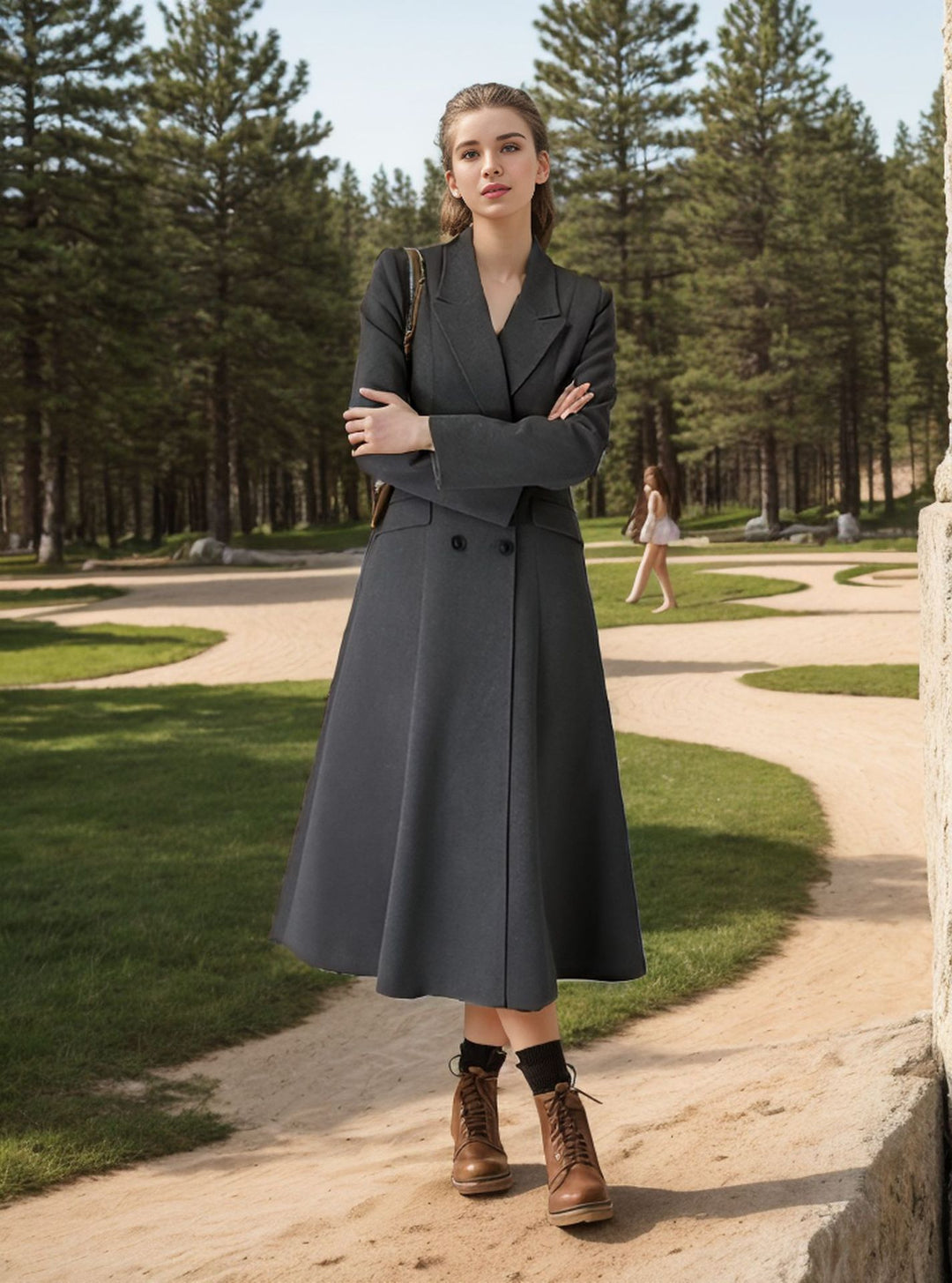 Damen eleganter Maximantel mit doppelter Knopfreihe und weit schwingendem Rock Drune