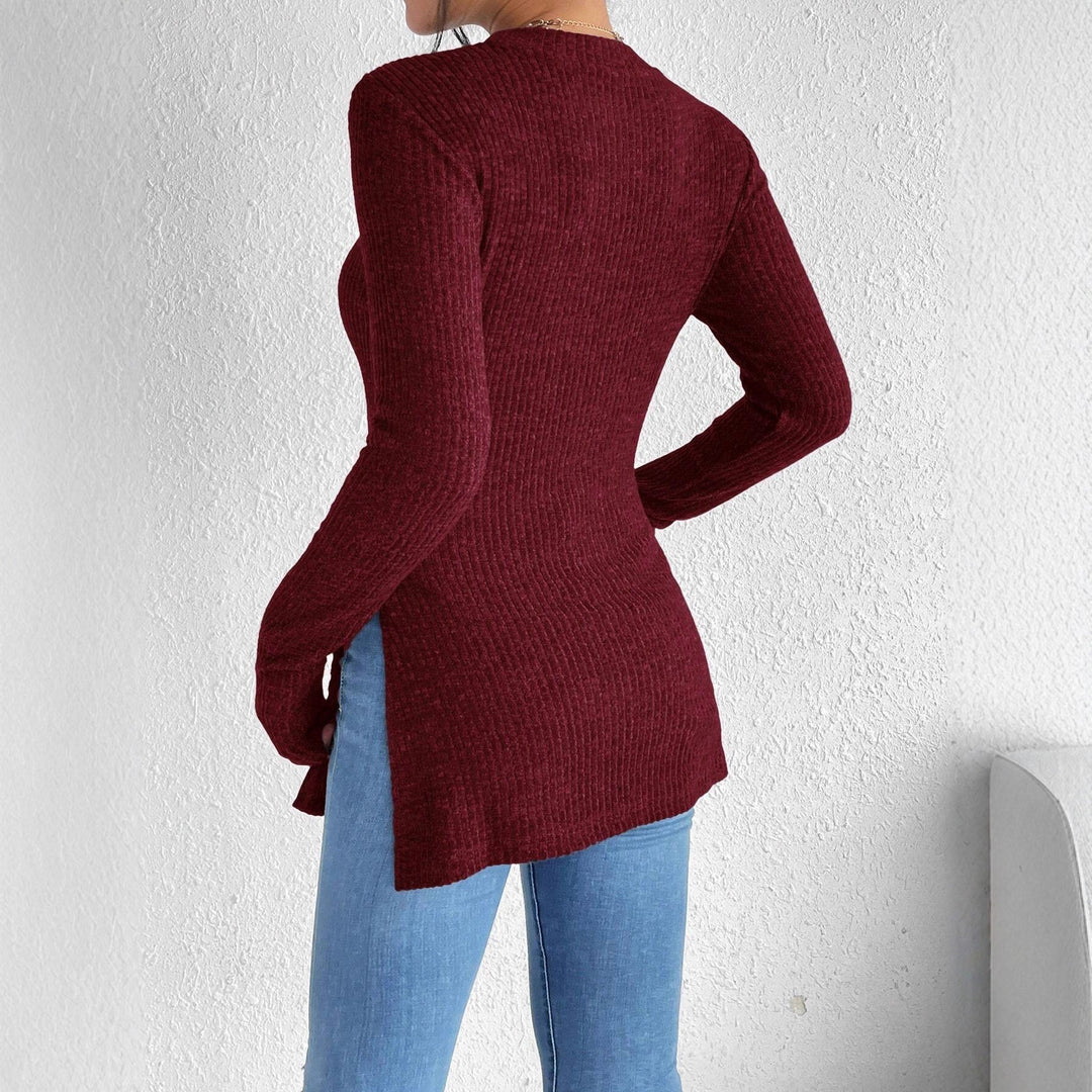 Damen Gerippter Taillierter Feinstrick-Pullover mit Stehkragen, langen Ärmeln und Seitenschlitzen Drune