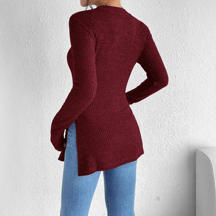 Damen Gerippter Taillierter Feinstrick-Pullover mit Stehkragen, langen Ärmeln und Seitenschlitzen Drune