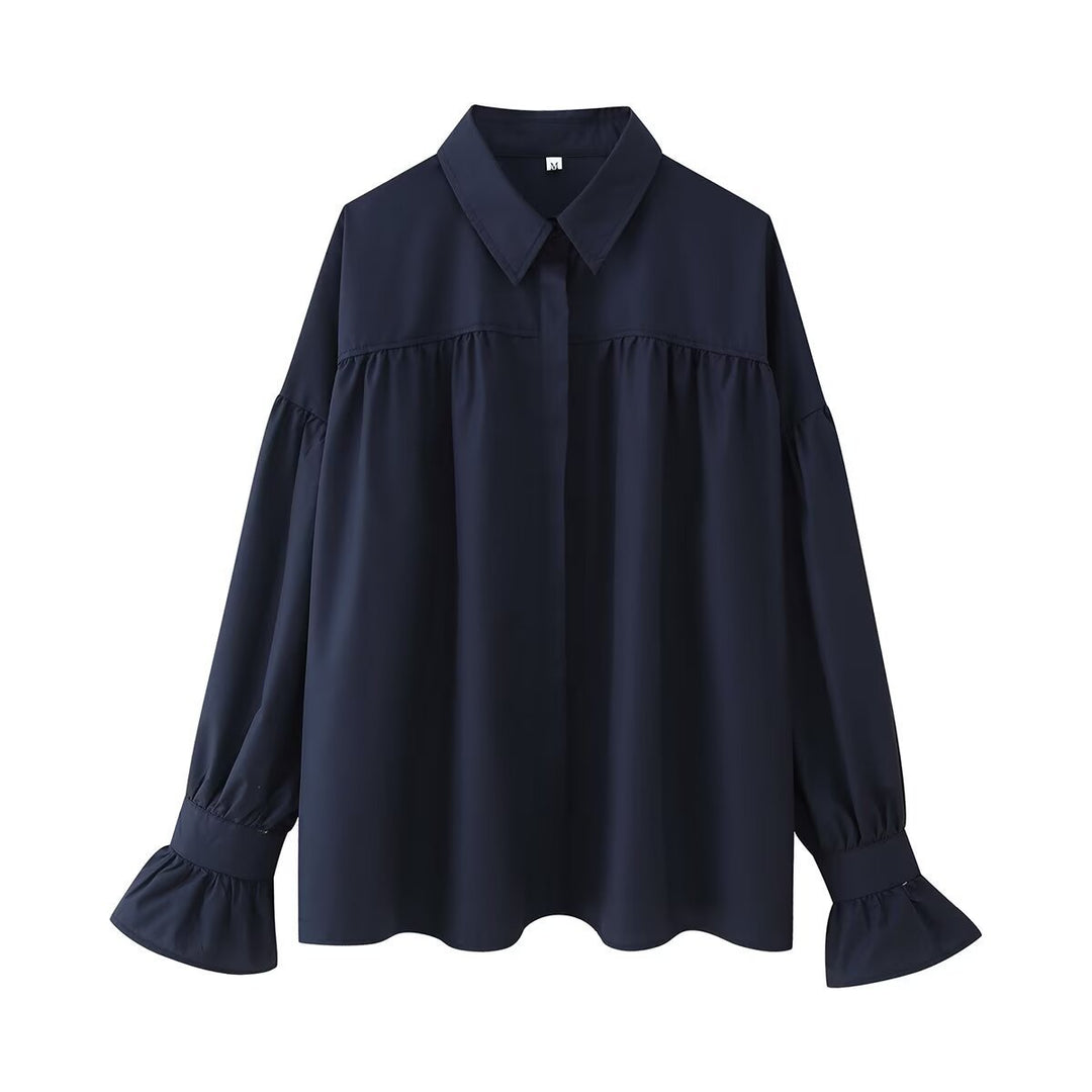 Damen nan oversized Tunika-Bluse mit verdeckter Knopfleiste, geraffter Passe und Volantmanschette Drune