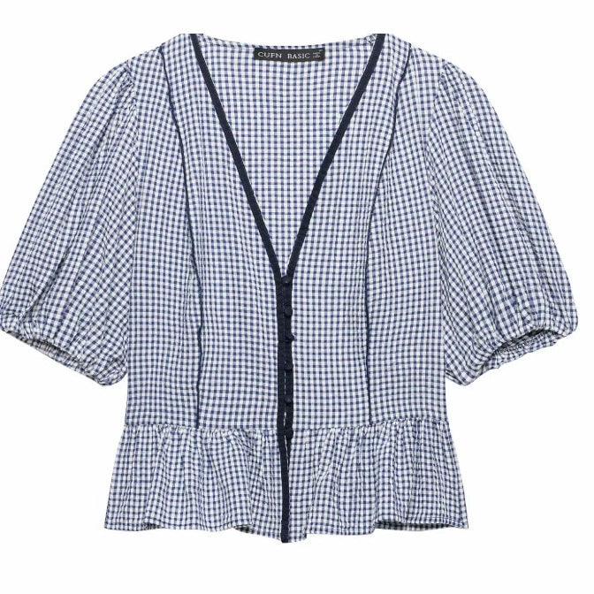 Damen Gingham‑Bluse mit V‑Ausschnitt, Puffärmeln und Volantbesatz Drune