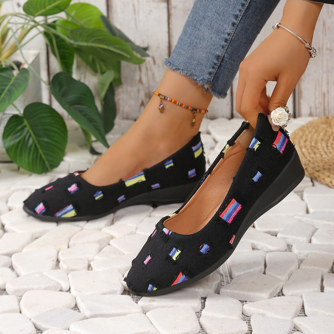 Damen Komfort-Ballerinas mit leichtem Keilabsatz, Materialmix und gepolstertem Fußbett Drune