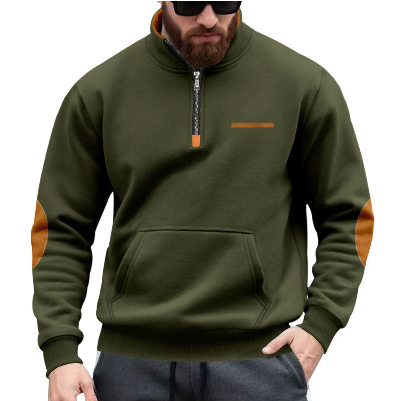 Herren nan Halbzip-Sweatpullover mit Stehkragen, Kängurutasche und Ellenbogenbesatz Drune