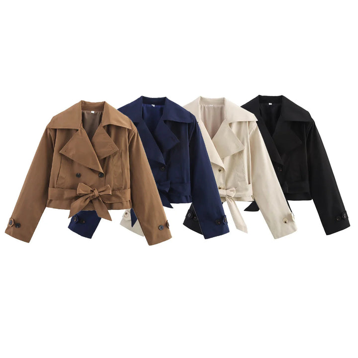 Damen nan kurze Taillen-Trenchjacke mit doppelreihiger Knopfleiste breitem Schalkragen und taillierendem Bindegürtel Drune