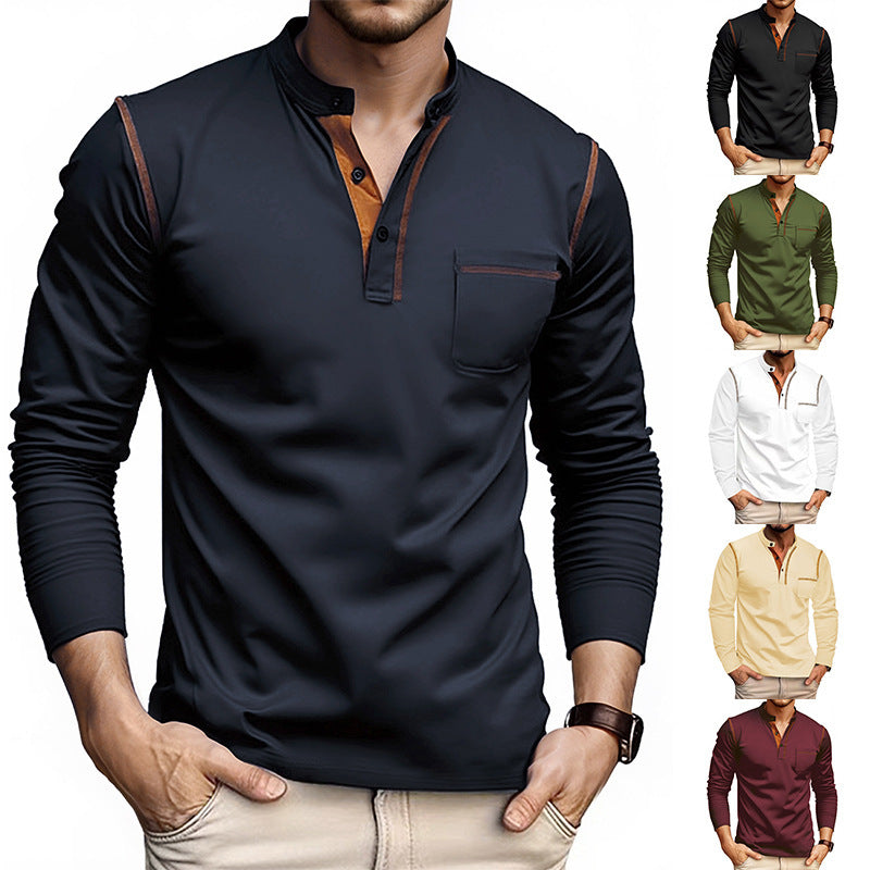 Herren nan Langarmshirt mit kurzer Knopfleiste Brusttasche und kontrastierenden Ziernähten Drune