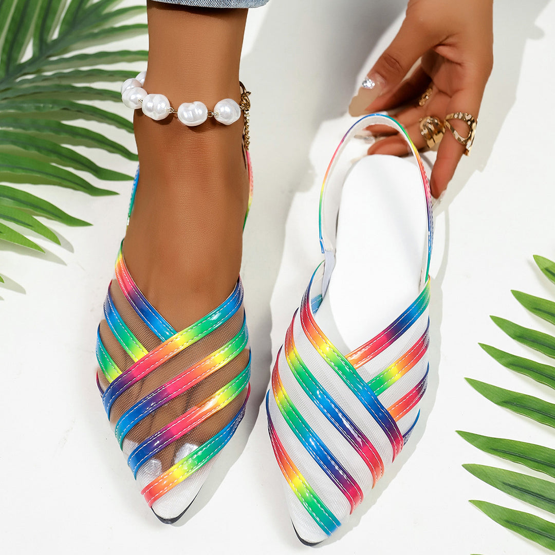 Damen  spitze Slingback-Ballerinas mit glänzenden Riemen und transparentem Mesh Drune