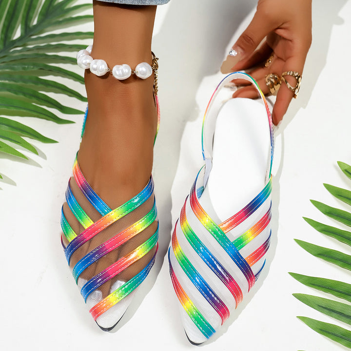 Damen  spitze Slingback-Ballerinas mit glänzenden Riemen und transparentem Mesh Drune