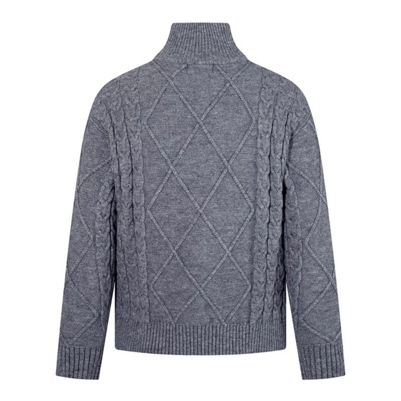 Herren Strickpullover mit Zopfmuster, halbem Reißverschluss und hohem Stehkragen Drune