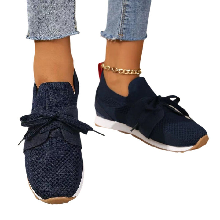 Damen nan gestrickter Slip-On Sneaker mit dekorativer Schnürung, gepolstertem Komfortfußbett und rutschfester Gummiprofilsohle Drune