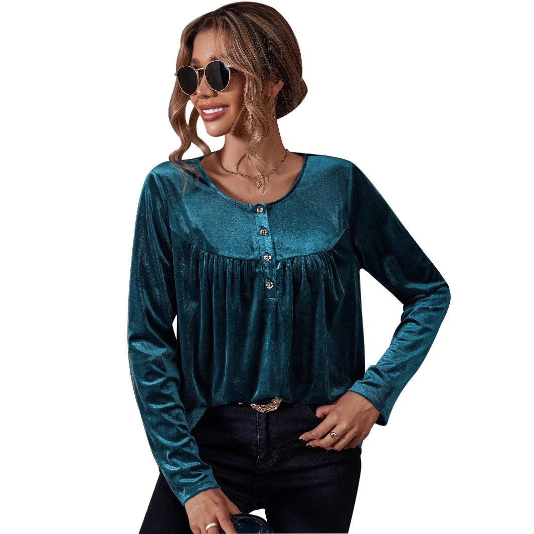 Damen Velours Oberteil mit Knopfdetail und gerafftem Design Drune