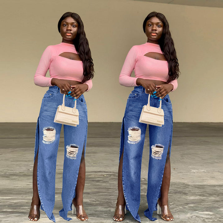 Damen geweitete Denim-Jeans mit hohen Seitenschlitzen und Destroyed-Kniepartie Drune
