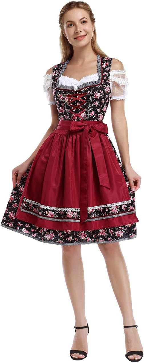 Damen nan klassisches Dirndlkleid mit geschnürtem Mieder, knielanger Trachtenrock und Satinschleife Drune