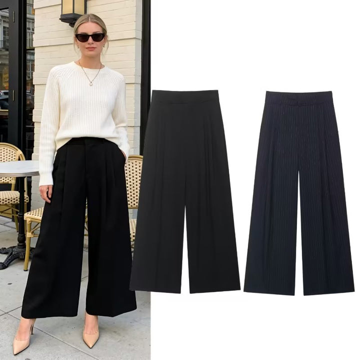 Damen Hochtaillierte weite Palazzohose mit Bundfalten und eleganter Falllinie Drune