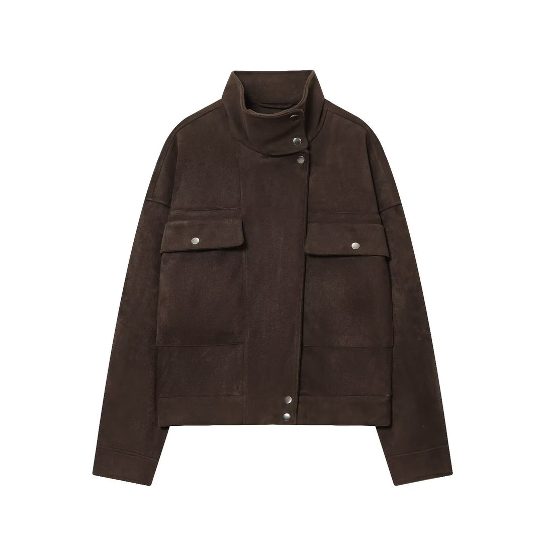 Damen Kurze Boxy‑Jacke in Velourslederoptik mit hohem Funnelkragen Drune