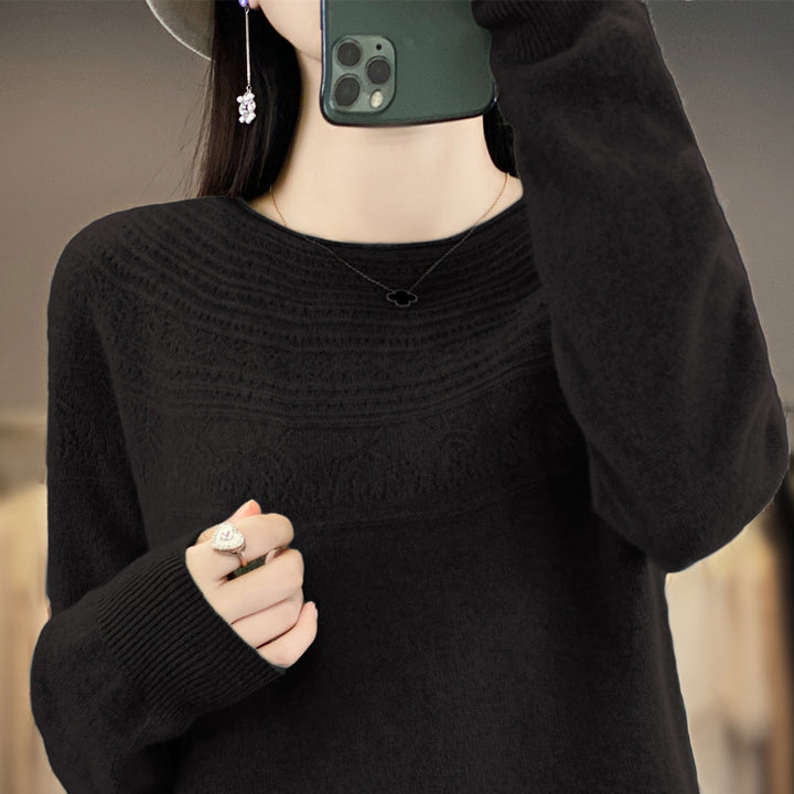 Damen Rundhals-Feinstrickpullover mit strukturierter Passe und Kaschmir-Optik Drune