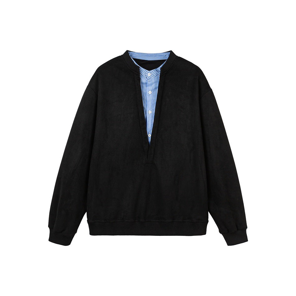 Unisex Oversize-Sweatshirt mit tiefem V-Ausschnitt und eingenähtem Hemdkragen-Einsatz Drune