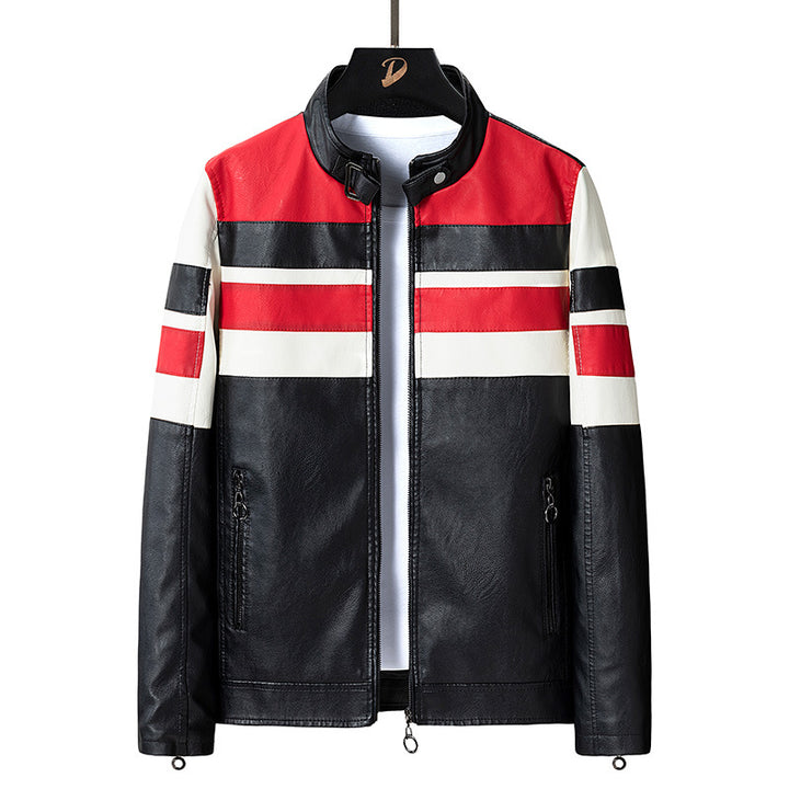 Herren Biker-Lederjacke im Racing-Look mit Kontraststreifen und Stehkragen Drune
