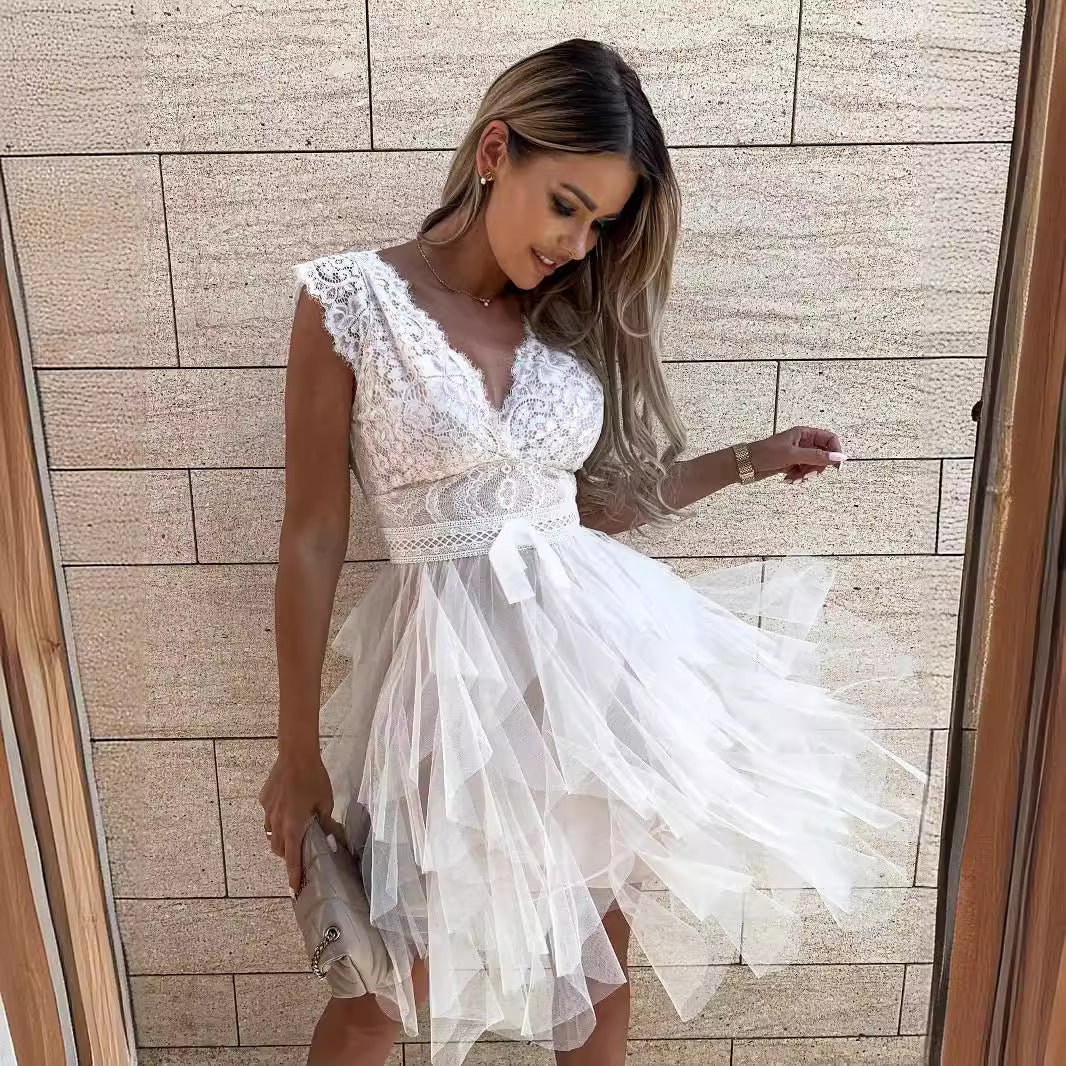 Drune | Süß Elegante Einfarbige Mesh V-Ausschnitt Ungleichmäßiges Kleid Kleider- 3 Farben