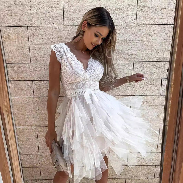 Drune | Süß Elegante Einfarbige Mesh V-Ausschnitt Ungleichmäßiges Kleid Kleider- 3 Farben