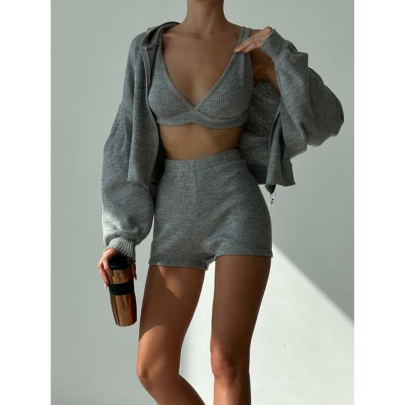 Damen nan kurzes geripptes Lounge-Set mit Kapuzen-Zipjacke und Highwaist-Shorts Drune