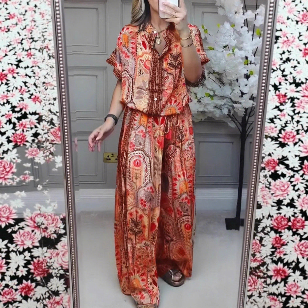 Damen nan Boho-Zweiteiler aus leichter Viskose mit Kurzarmbluse Knopfleiste Kordelbund und weitem Palazzohose Drune