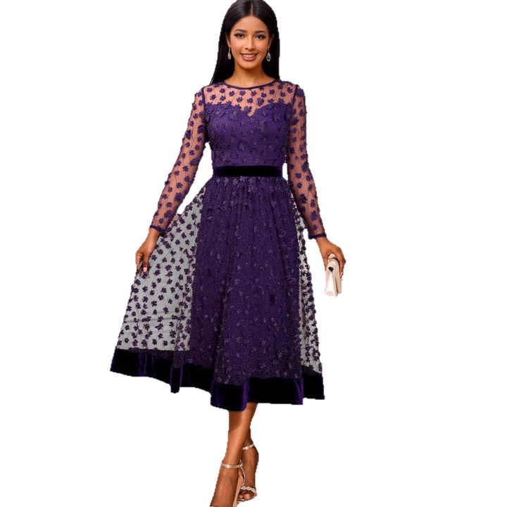 Damen elegantes A-Linien Abendkleid mit floralen Spitzenapplikationen Drune