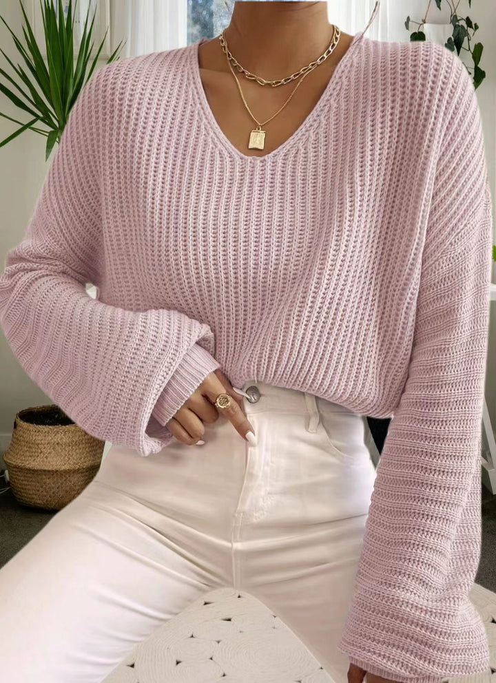 Damen lässiger Strickpullover mit weitem V-Ausschnitt und oversize Ärmeln Drune