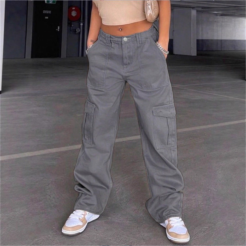 Damen weite Cargo-Hose mit hoher Taille, aufgesetzten Klappentaschen und legerer Baggy-Passform Drune