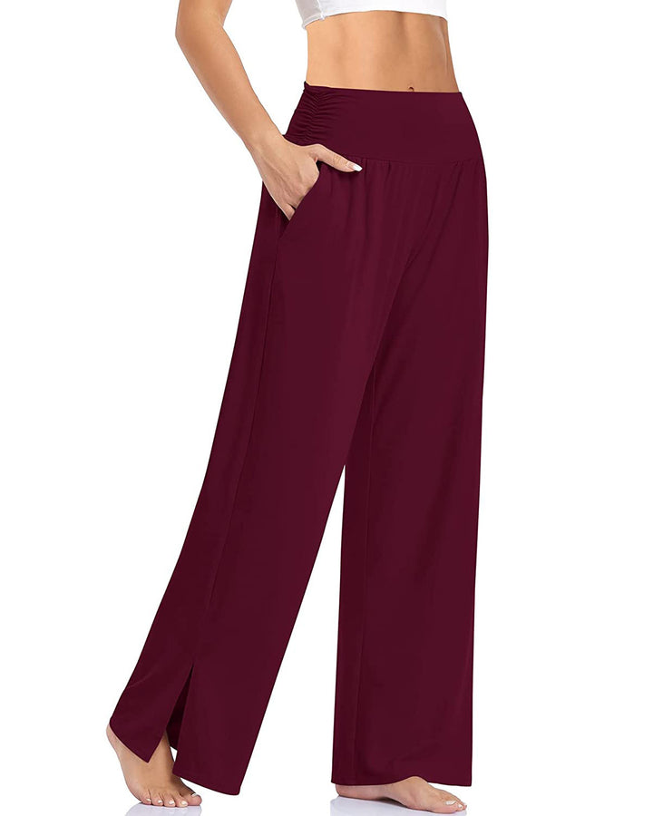 Damen nan weite Yogahose mit hohem Komfortbund, seitlichen Eingrifftaschen und seitlichem Bein-Schlitz Drune