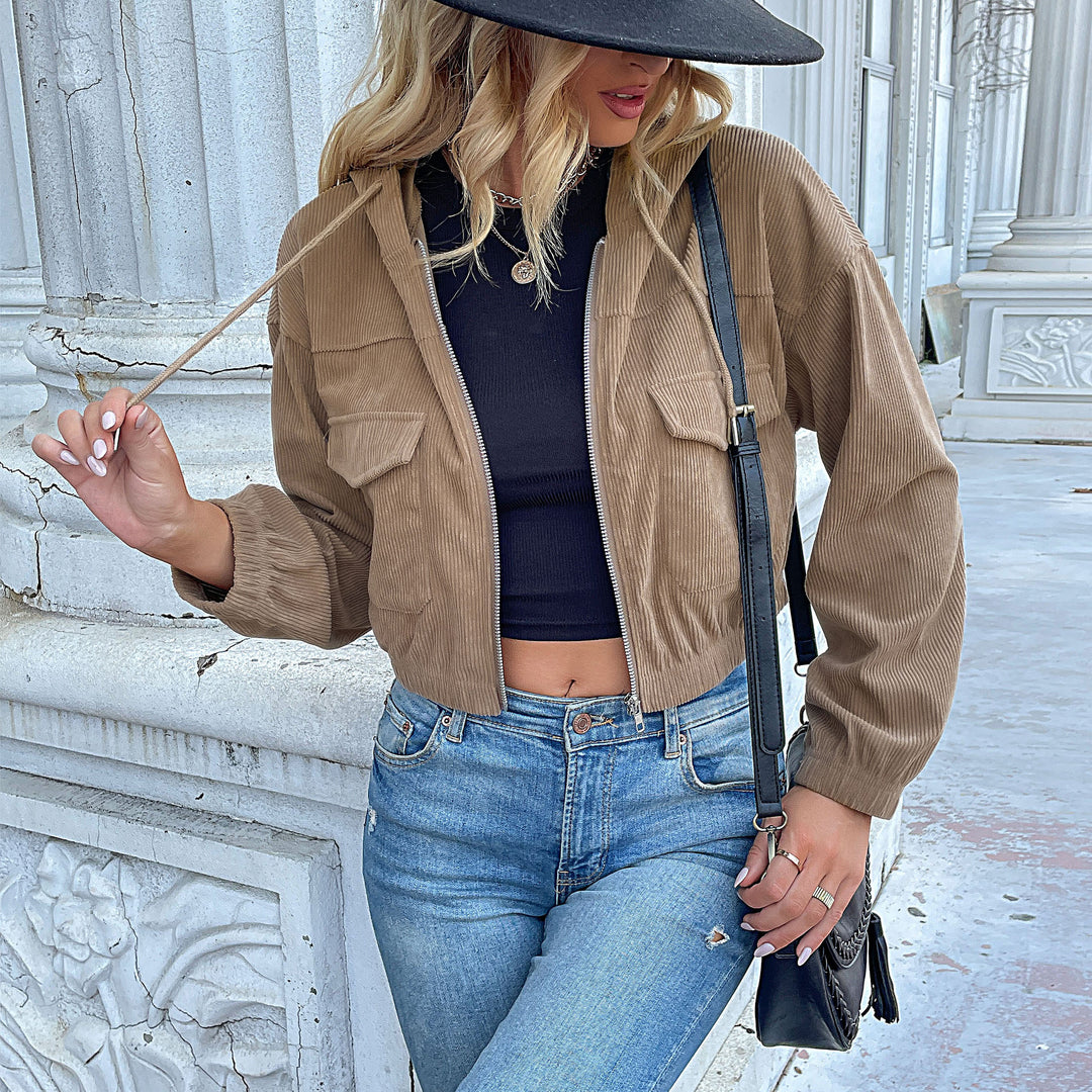 Damen Lässige Cordjacke mit Kapuze Drune