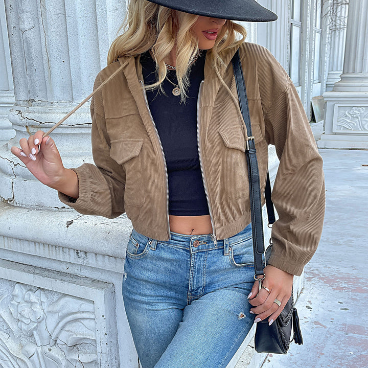 Damen Lässige Cordjacke mit Kapuze Drune