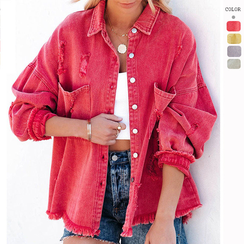 Damen nan oversized Jeansjacke mit Fransen, distressed Details und Druckknöpfen Drune