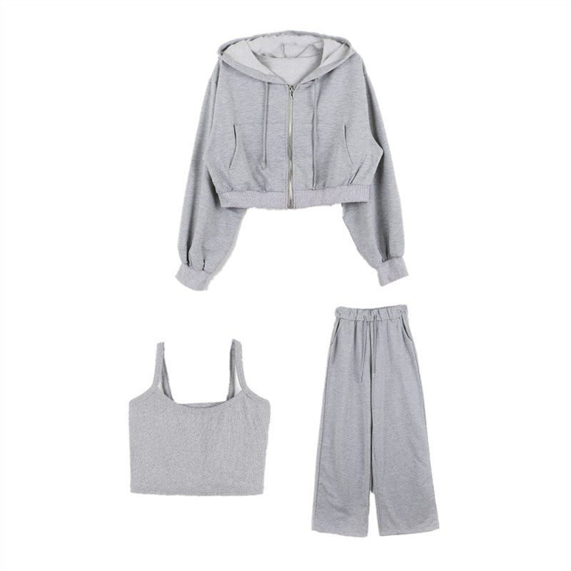 Damen modisches Drei-Teiliges Set mit cropped Hoodie, Tanktop und weiten Hosen Drune