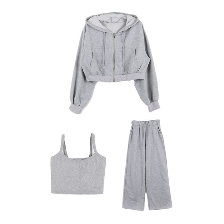 Damen modisches Drei-Teiliges Set mit cropped Hoodie, Tanktop und weiten Hosen Drune
