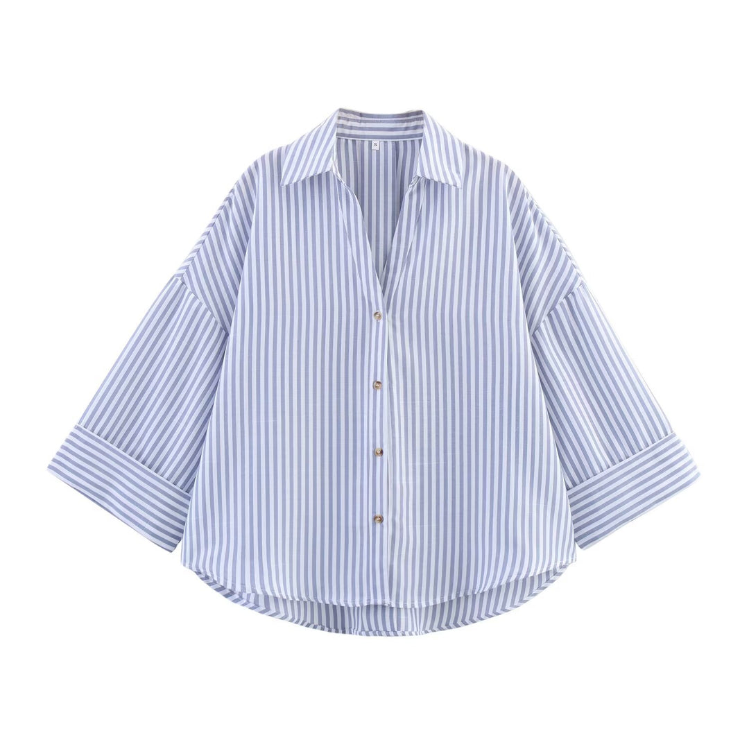 Damen nan oversized Streifen-Hemdbluse mit überschnittener Schulter, 3/4-Ärmel und verlängertem Rückensaum Drune