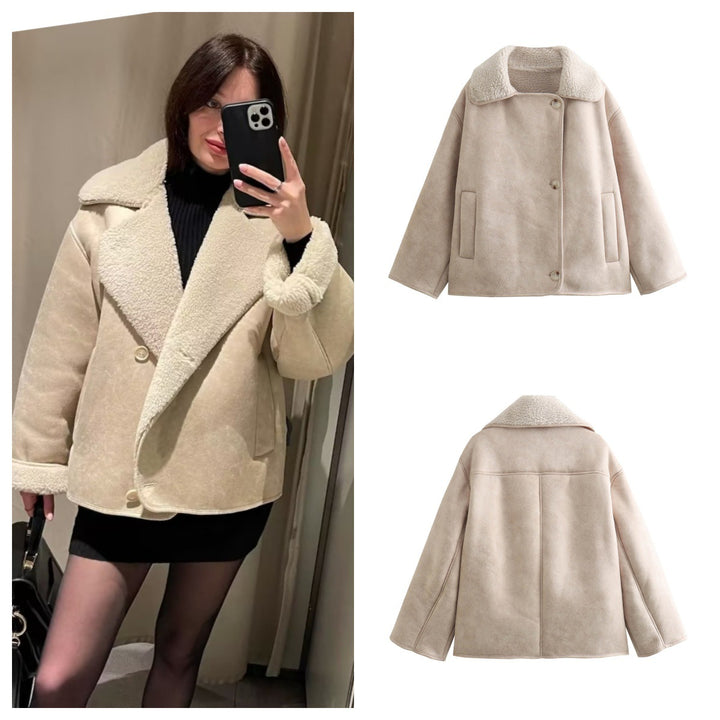Damen Kurzjacke im Lammfell‑Look mit Teddy‑Kragen und Boxy‑Silhouette Drune