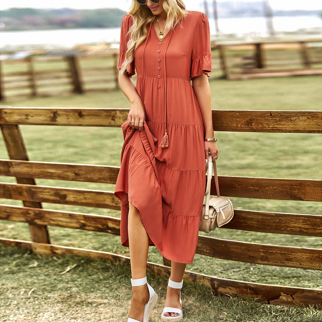 Damen Midikleid mit fransigen Akzenten und Button-Down-Verschluss Drune
