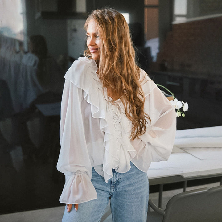 Damen Luftige Rüschenbluse aus Chiffon mit Oversize-Schnitten Drune