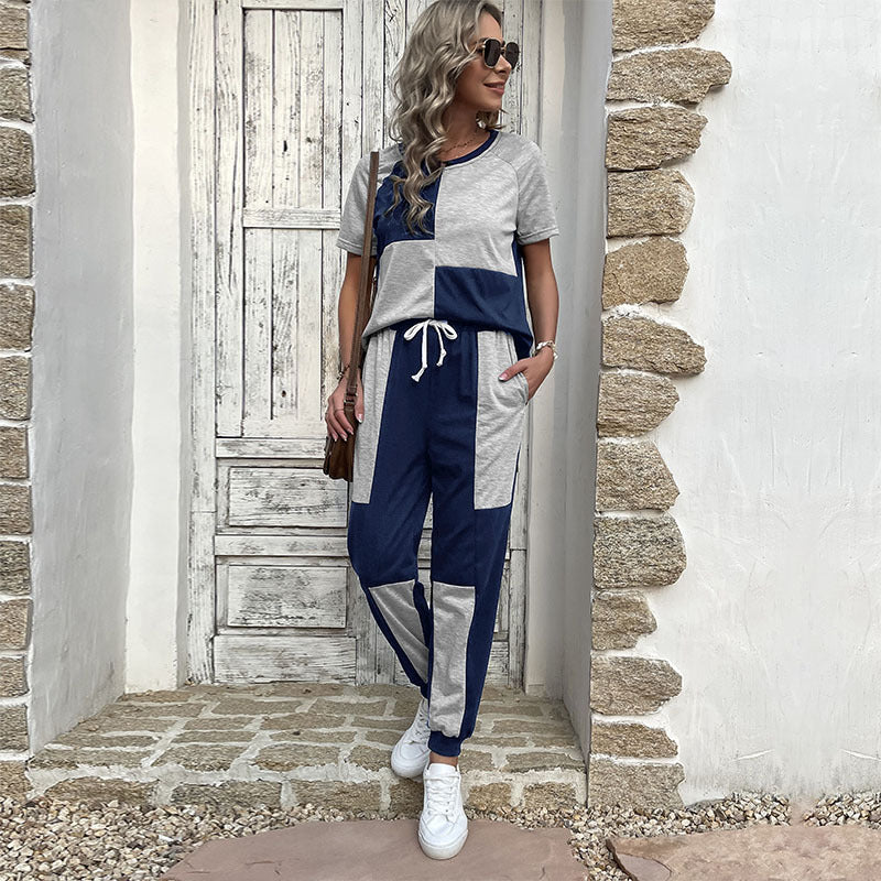 Damen Zweiteiler Freizeit-Set aus Baumwollmix mit Colorblock-Shirt und Jogginghose Drune