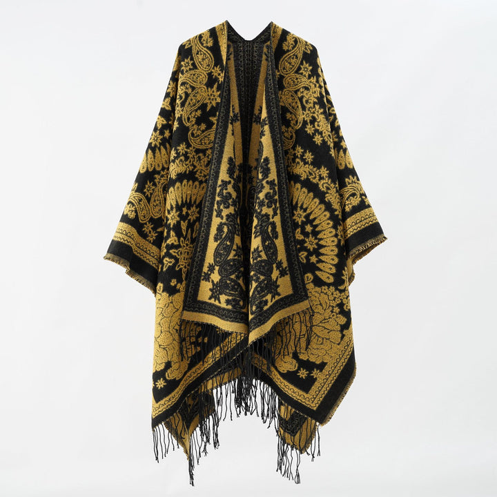 Damen Jacquard-Umhangponcho aus Wollmix mit beidseitigem Paisley-Jacquard und Fransen Drune