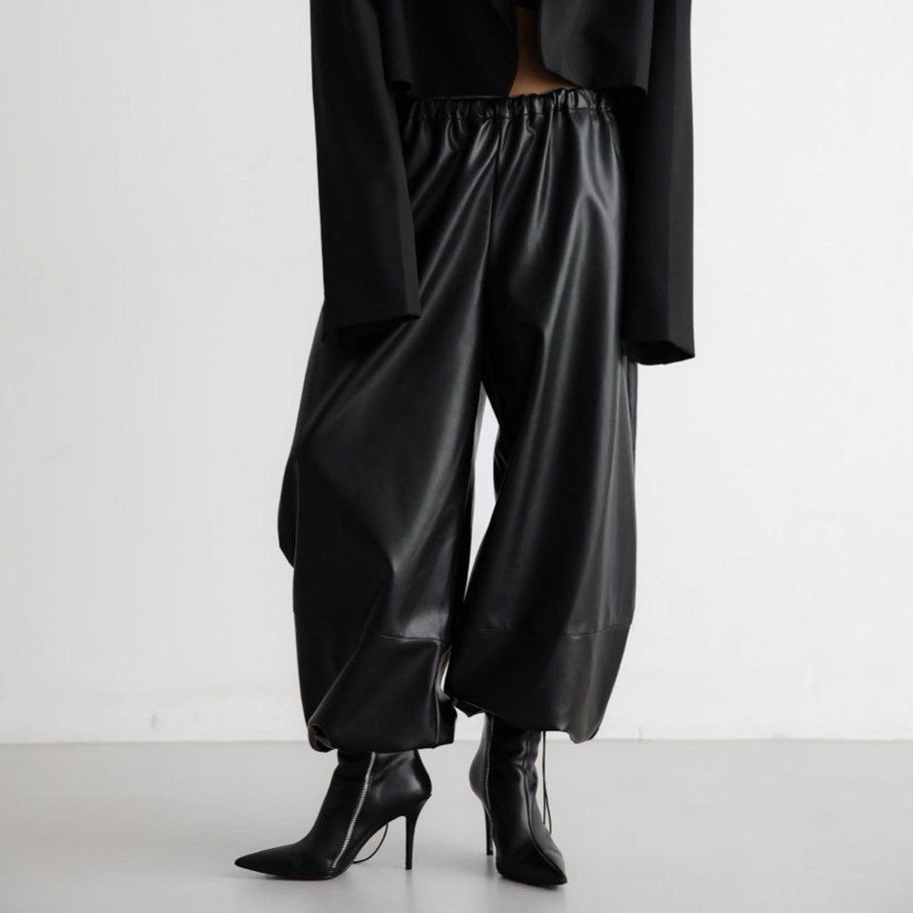 Damen Modische Kunstlederhose mit elastischem Bund Drune
