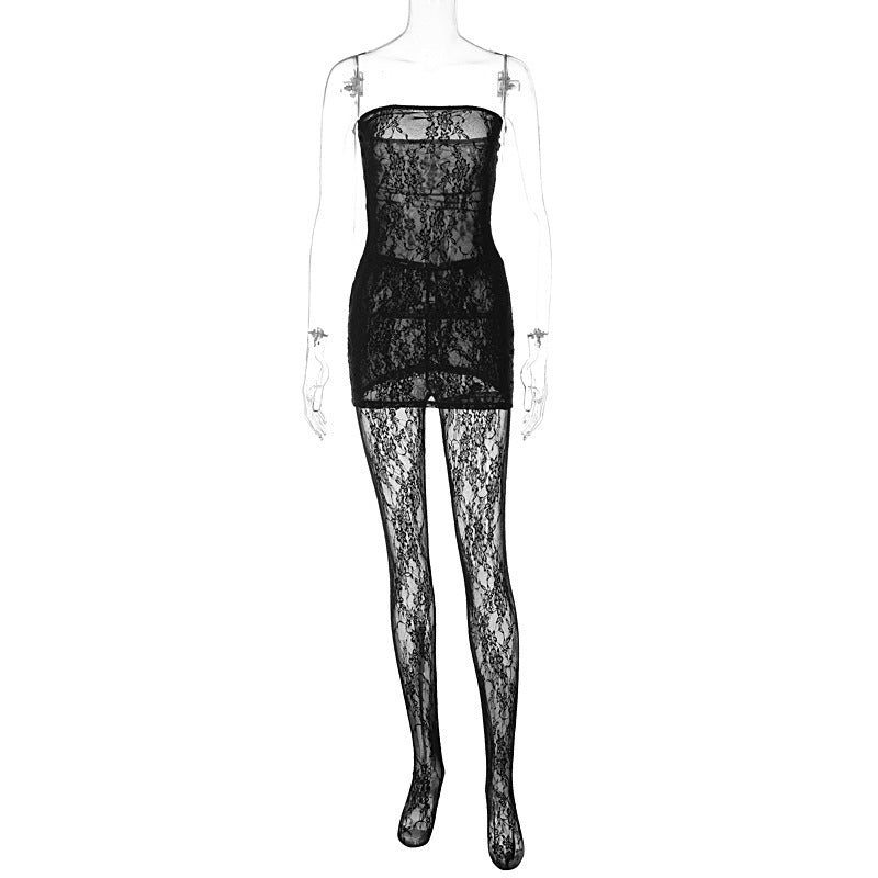 Damen Spitzen-Body mit integrierter Strumpfhose und schulterfreien Trägern Drune