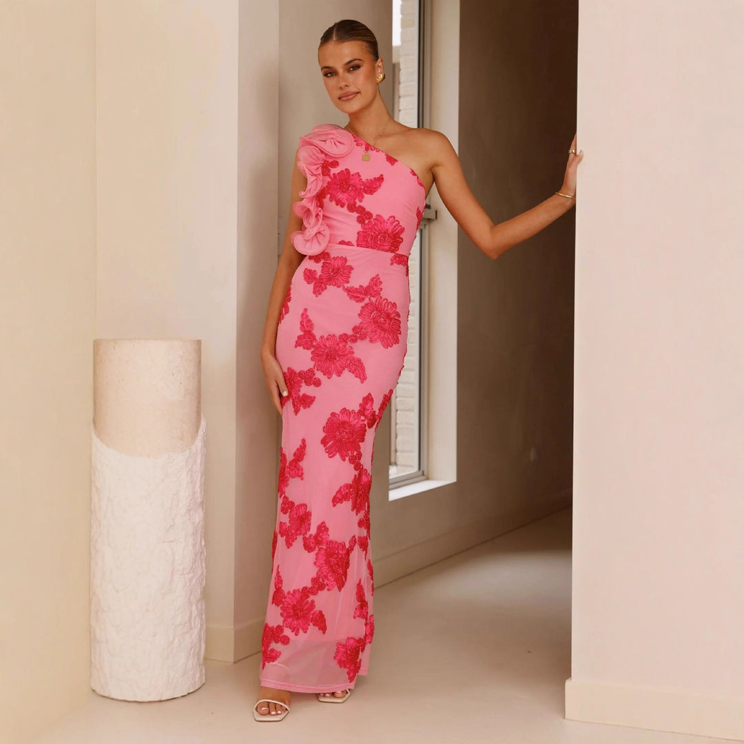 Damen Elegantes und figurbetontes Maxikleid mit asymmetrischem Träger und floralen Applikationen Drune