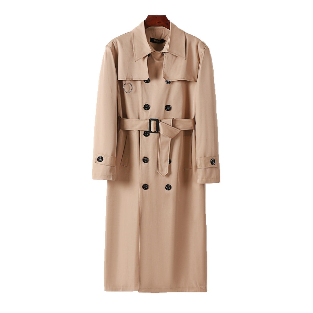 Herren Doppelreihiger Trenchcoat mit Taillierung, Reverskragen und dekorativem Metallring Drune