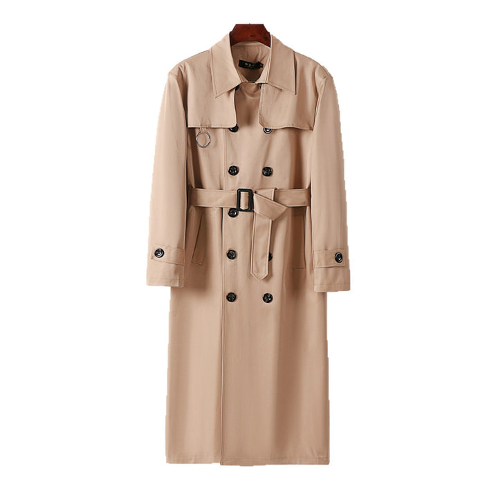 Herren Doppelreihiger Trenchcoat mit Taillierung, Reverskragen und dekorativem Metallring Drune