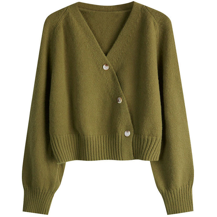 Damen kuschelige cropped Strickjacke mit tiefem V-Ausschnitt und großen Knöpfen Drune