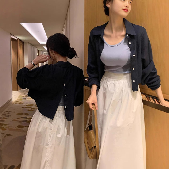 Damen Cropped Oversize-Hemdbluse aus Leinenoptik mit Rückenschlitz und Zierknopfleiste Drune