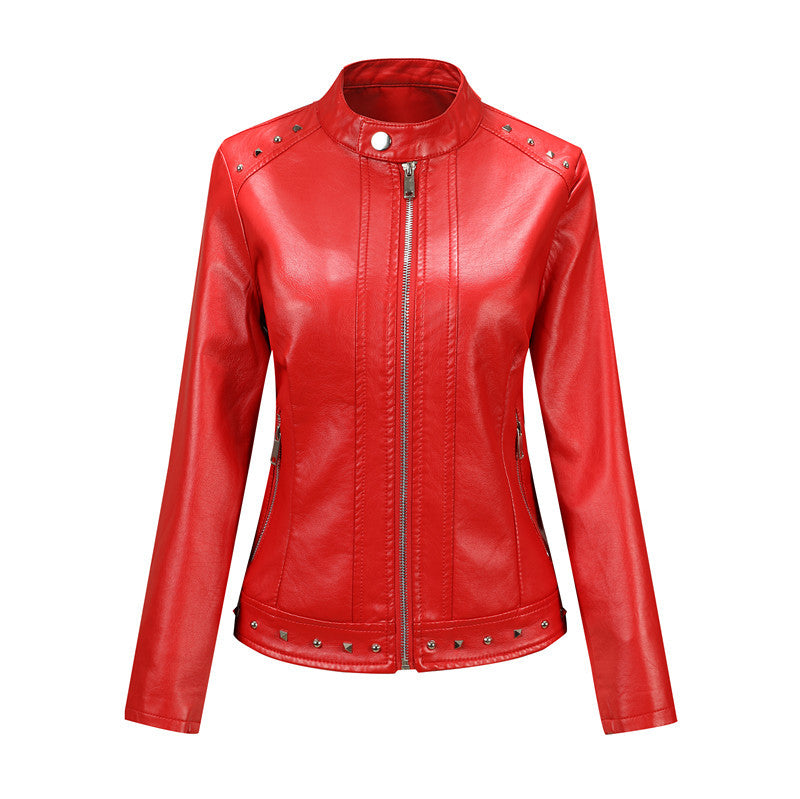 Damen Bikerjacke aus Lederimitat mit Nietenverzierung und tailliertem Schnitt Drune