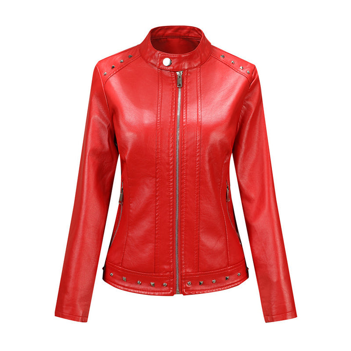 Damen Bikerjacke aus Lederimitat mit Nietenverzierung und tailliertem Schnitt Drune
