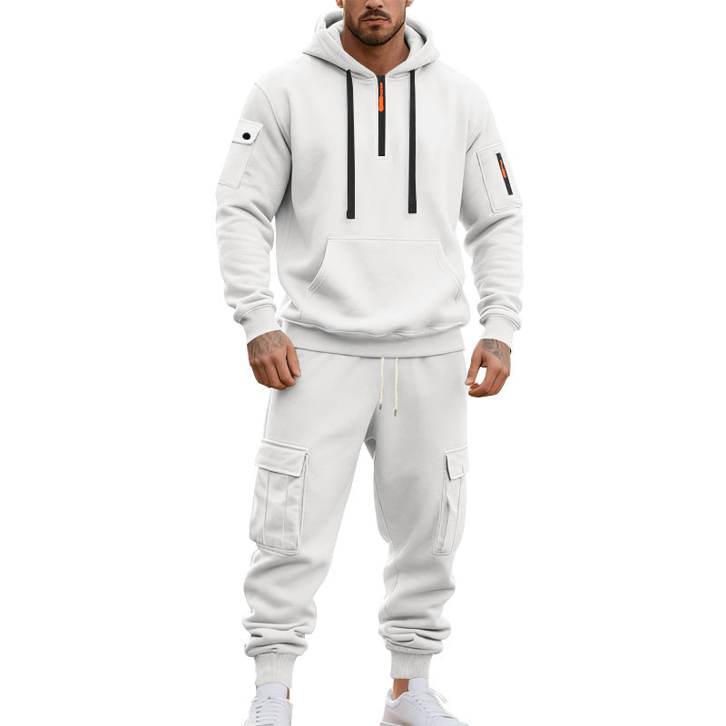 Herren nan zweiteiliges Utility-Freizeitset Hoodie mit halbhohem Reißverschluss, Ärmeltasche und Cargo-Jogginghose mit Klappentaschen Drune